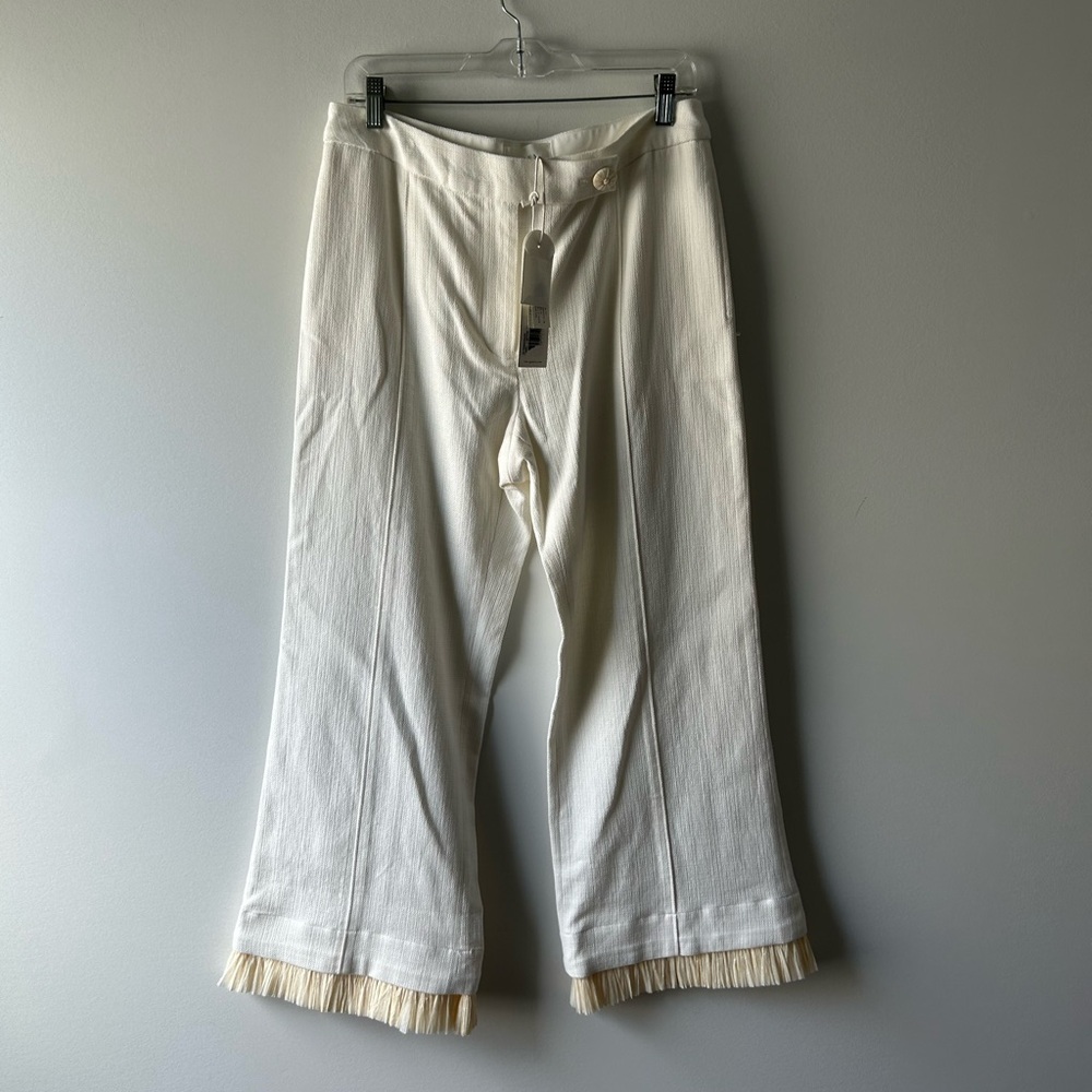 Clea off white straw fringe hem pants